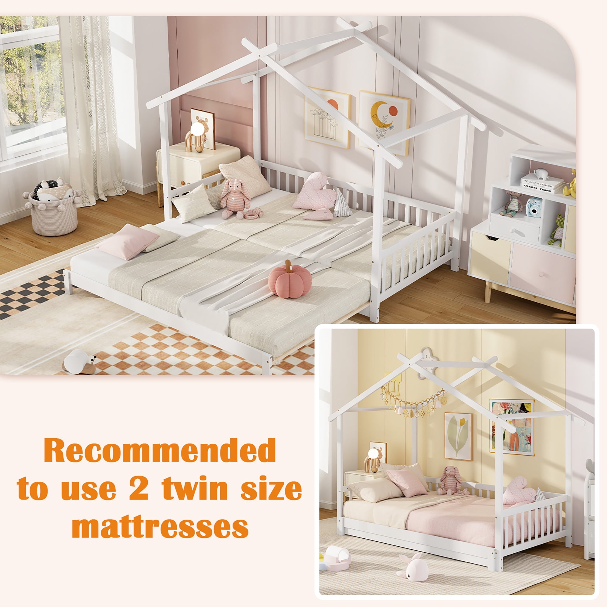 Gymax Wooden House Bed Twin to King Daybed w/ Safety Rails & Decorable Roof White
