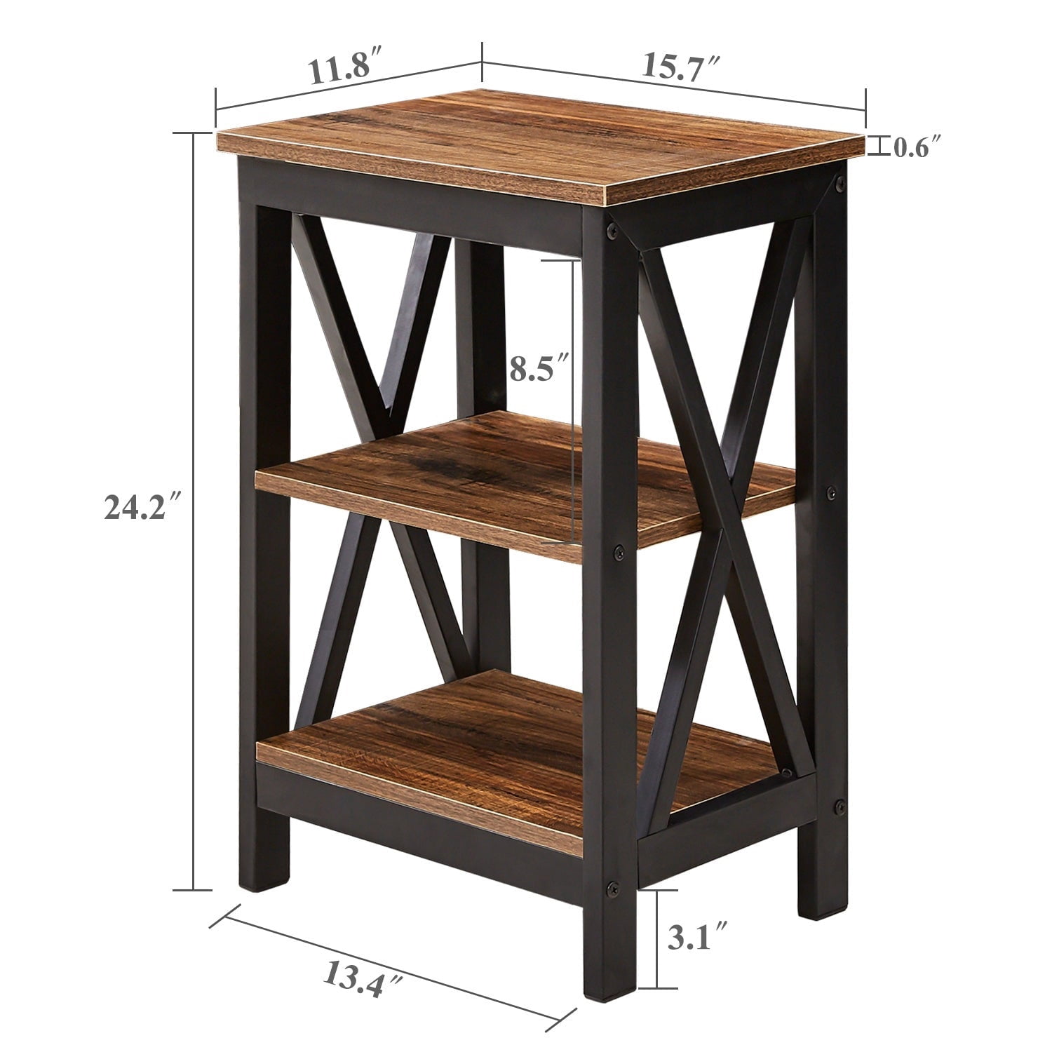 VECELO Set of 2 Nightstand with 3-Tier Shelves, X-Shaped Sofa Side End Table for Bedroom/Living Room/Office, Brown