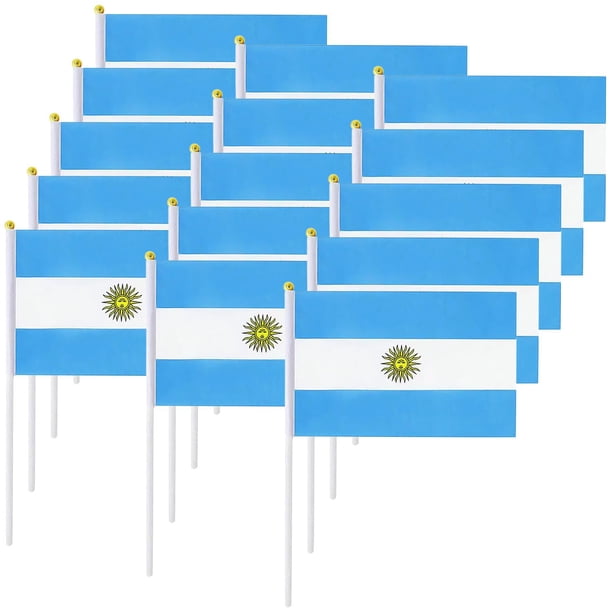 Bandera Argentina 25 de Mayo ARminiFlag 15Pzas Argentina 14x21cm Tela Poliéster Asta Plástico.