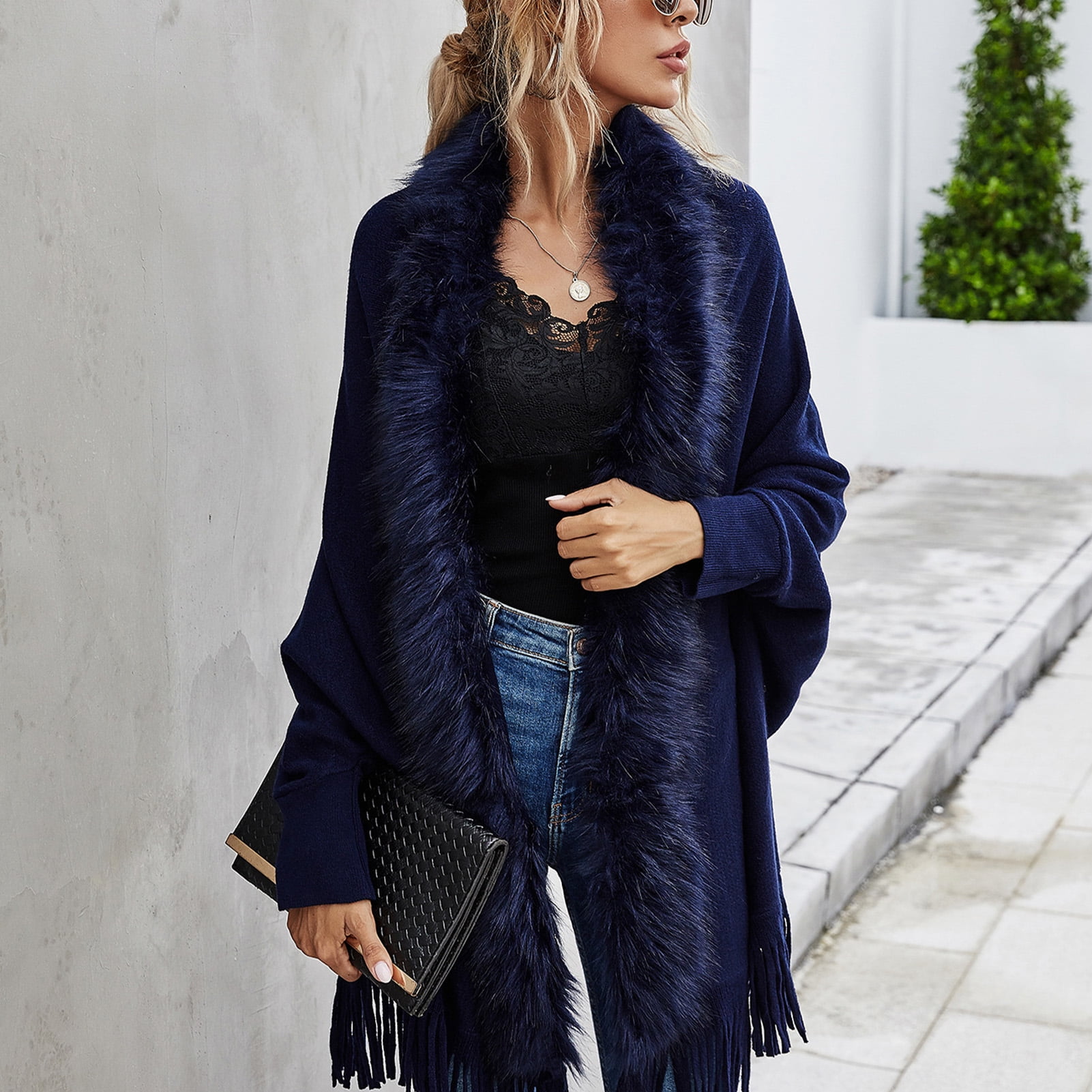 Women Cardigan Sweater Faux Fur Collar Decor Hem Tassel Long Sleeves Casual Sweater Wraps Dark Blue S