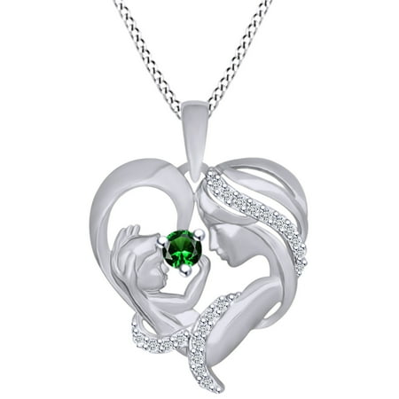 - Round Cut Simulated Emerald & White Cubic Zirconia Mom With Child Heart Pendant Necklace In 14k White Gold Over Sterling Silver