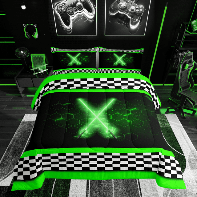Erosebridal Teens Sports Bedding Full Comforter Set, Lightsaber Down Comforter, Racing Checkered Decor, Reversible 3pcs