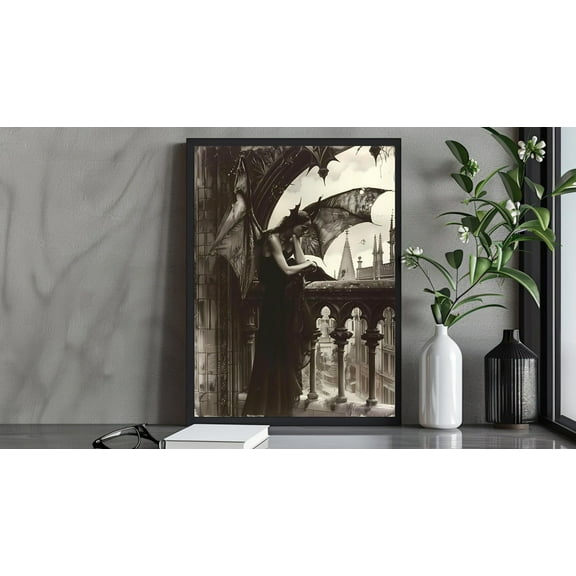 Bat Woman Gothic Illustration Print Victorian Vampire Woman Moody Wall Art, Vintage Print, Dark Aesthetic Decor, Witchcraft Goddess Wall Art, Modern Wall Decor, 8x12 UNFRAMED