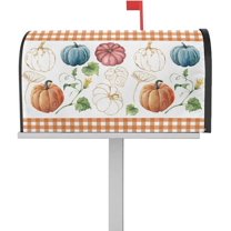 Mailbox Cover Magnetic Mailbox Wraps, Thanksgiving Fall Watercolor Blue Pumpkin Orange Plaid Mailbox Covers Standard Size 18x21 Inch Mail Wrap Post Letter Box Decoration for Outdoor Gardern Yard