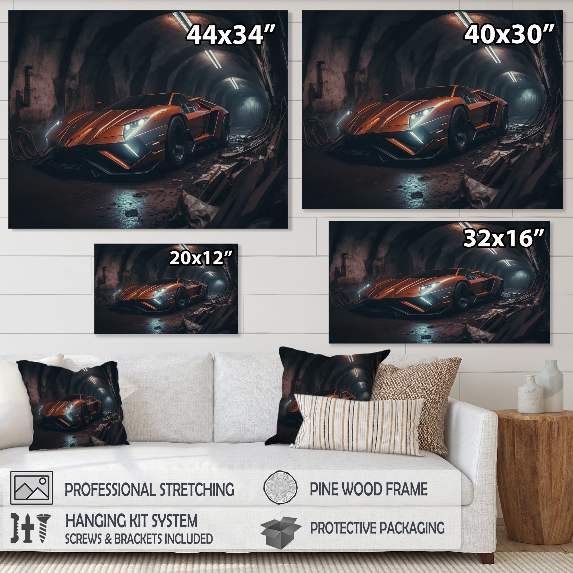 Designart Orange Bodykit Exotic Car Photography Canvas Wall Art