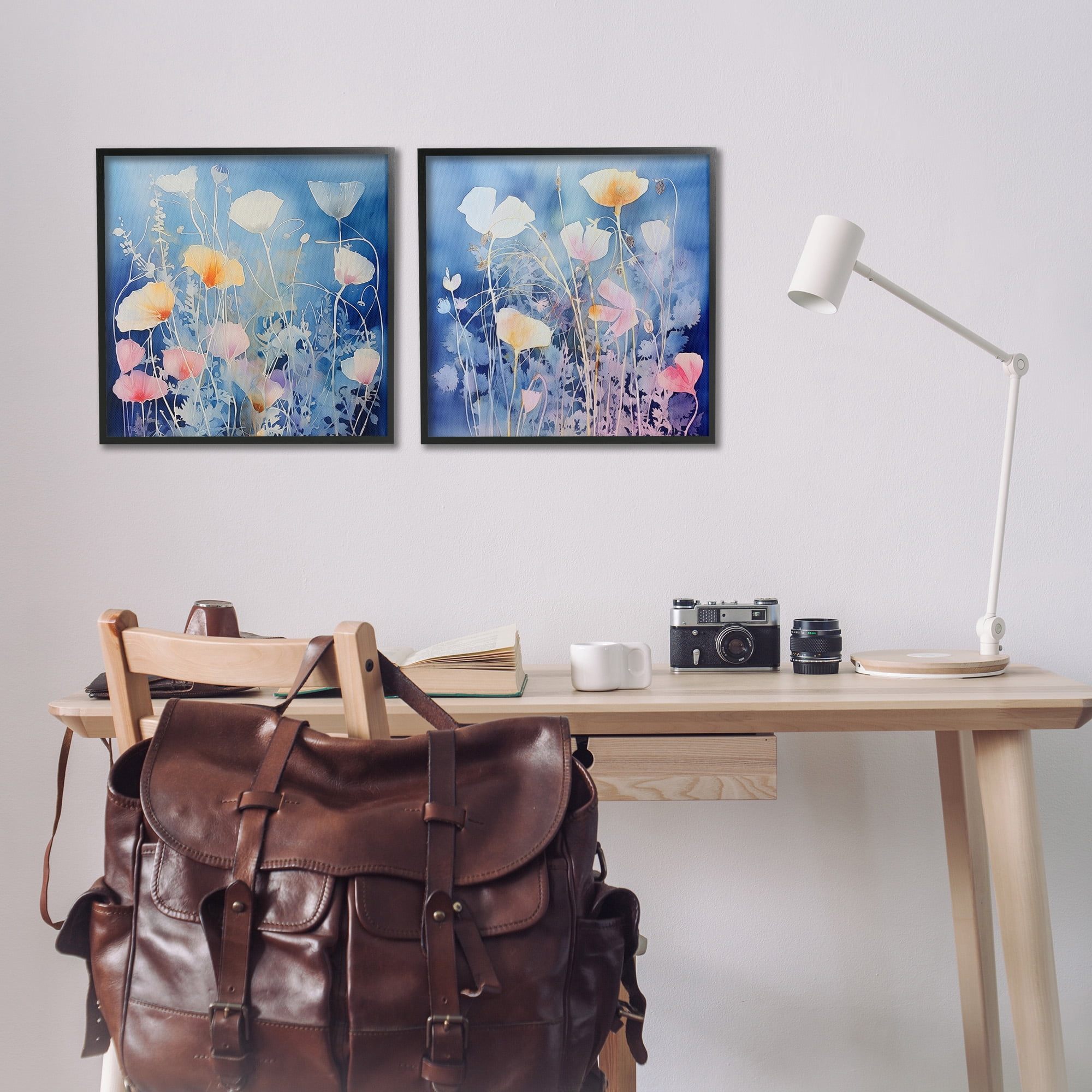 Stupell Industries Abstract Poppies on Blue Botanical & Floral Painting Black Framed Art Print Wall Art, 17 x 17, Set of 2