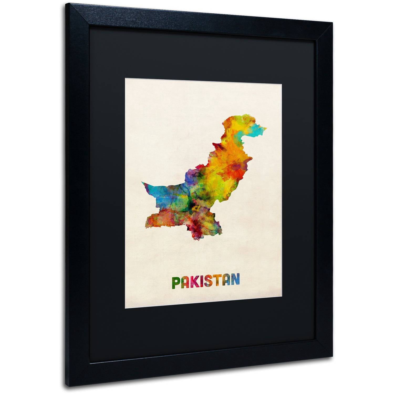 Trademark Fine Art 'Pakistan Watercolor Map' Canvas Art by Michael Tompsett, Black Matte, Black Frame