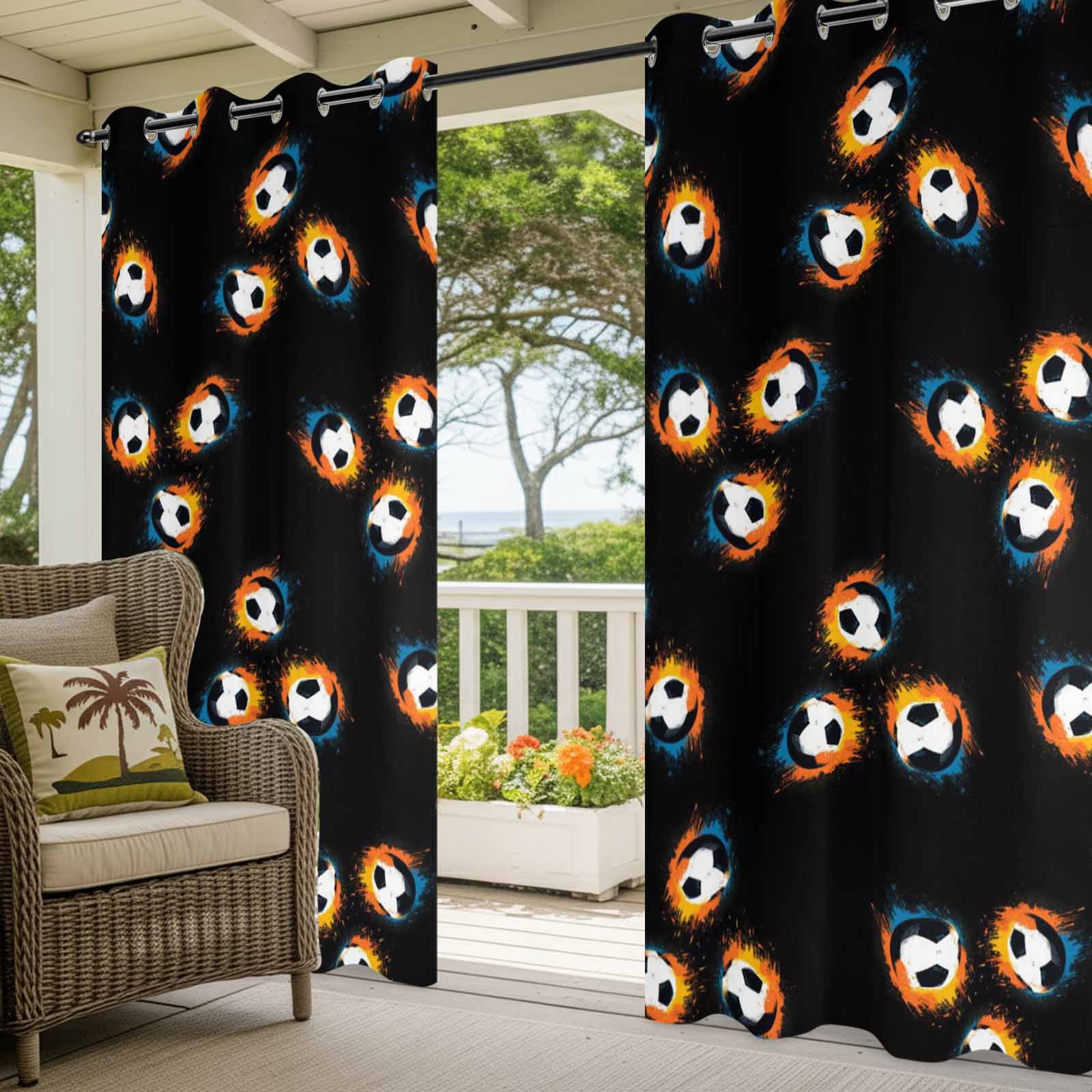 Soccer Ball Outdoor Curtains for Patio, Sports Athletic Fiery Trails Soccer Brown Background Sunshade Privacy Drapes Grommet Waterproof Outside Curtains for Porch/Cabana/Balcony 54"x 108", 1 Panel