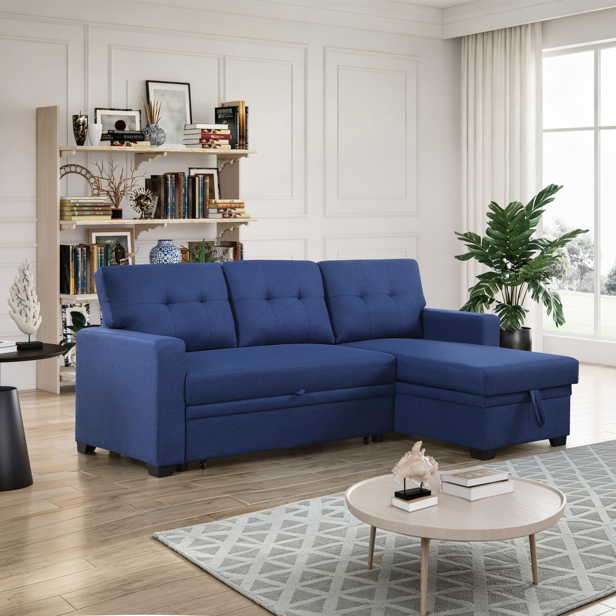 BSHTI 82" 3-Seat Linen Pull Out Sectional Sleeper Sofa with Storage Chaise, Removable Back Cushions for Living Room（Blue）