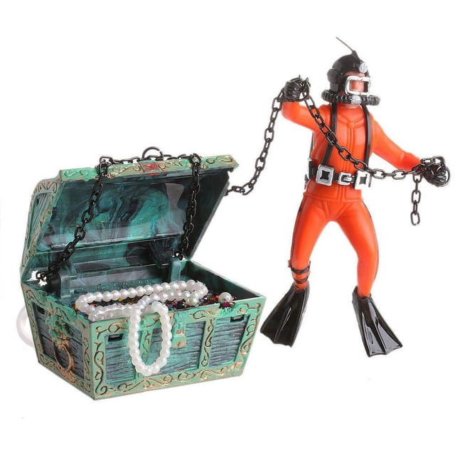 Adorno de cazador de tesoros naranja, figura de acción de peces de acuario, buzo subacuático, Cofre del Tesoro, tanque, decoración de paisaje
