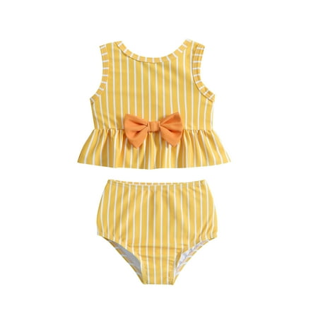 

aturustex Toddler Baby Girl Swimsuits Two Piece Tankini Set Summer Stripe Print Ruffle Bathing Suit Beachwear
