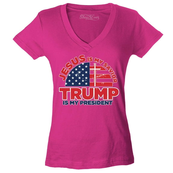 Shop4Ever Women's Jesus is My Savior Trump is My President Slim Fit V-Neck T-Shirt Large Pink