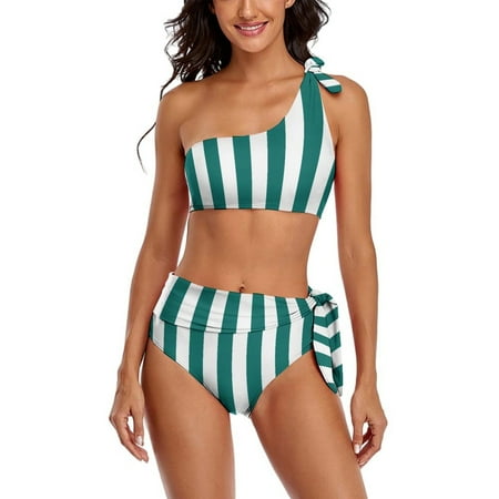 Aesthetic Water Blue And White Vertical One Shoulder Bowknot Swimsuit Two Piece Swimsuit Knot Crop Top Bikini High Waisted Bathing Suit