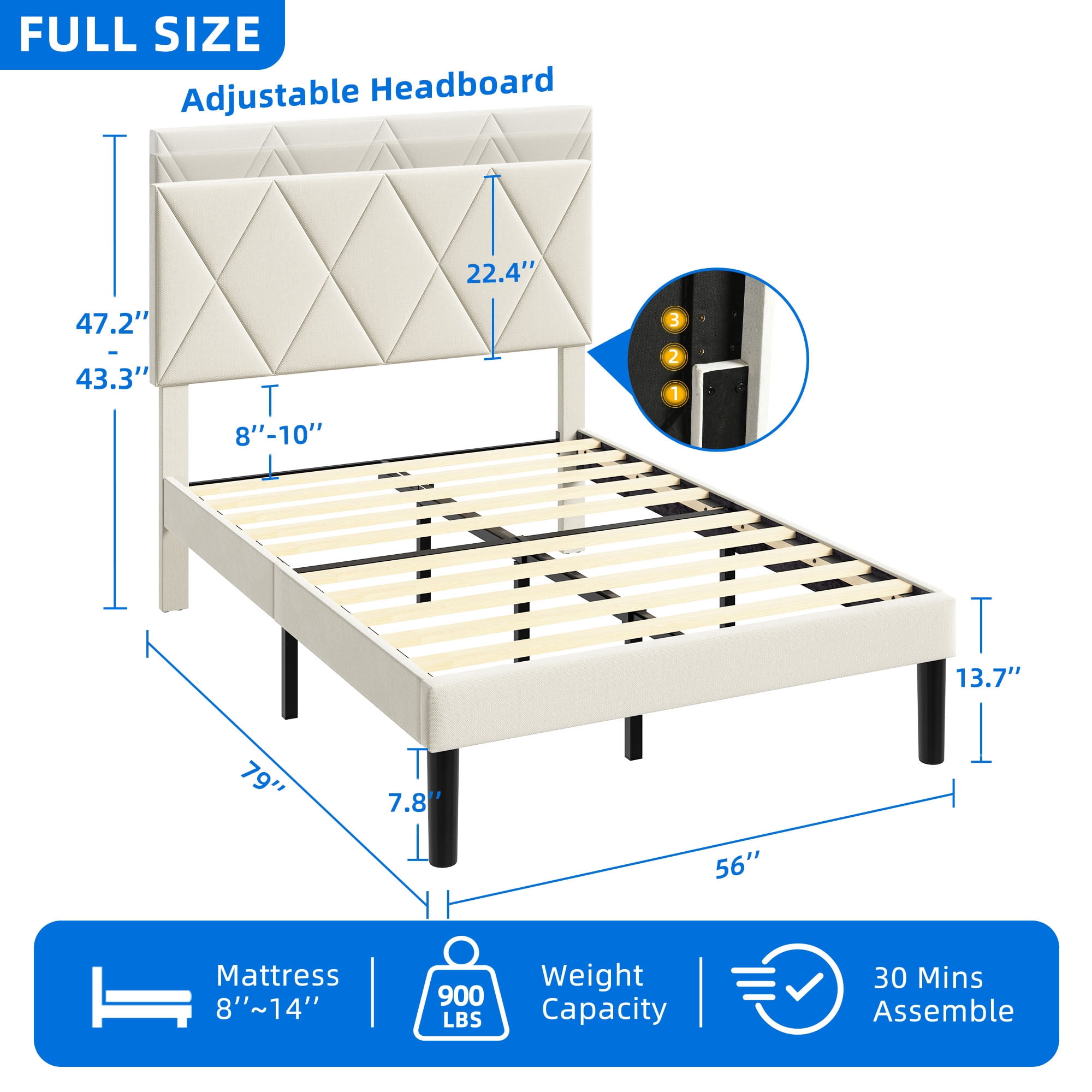 DEXTRUS Full Size Upholstered Bed Frame with Adjustable Headboard, Beige