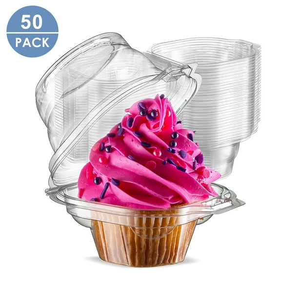 Semfri Individual Plastic Cupcake Containers Disposable with Connected Airtight Dome Lid 50 Count Clear Single Cupcake Container BPA Free
