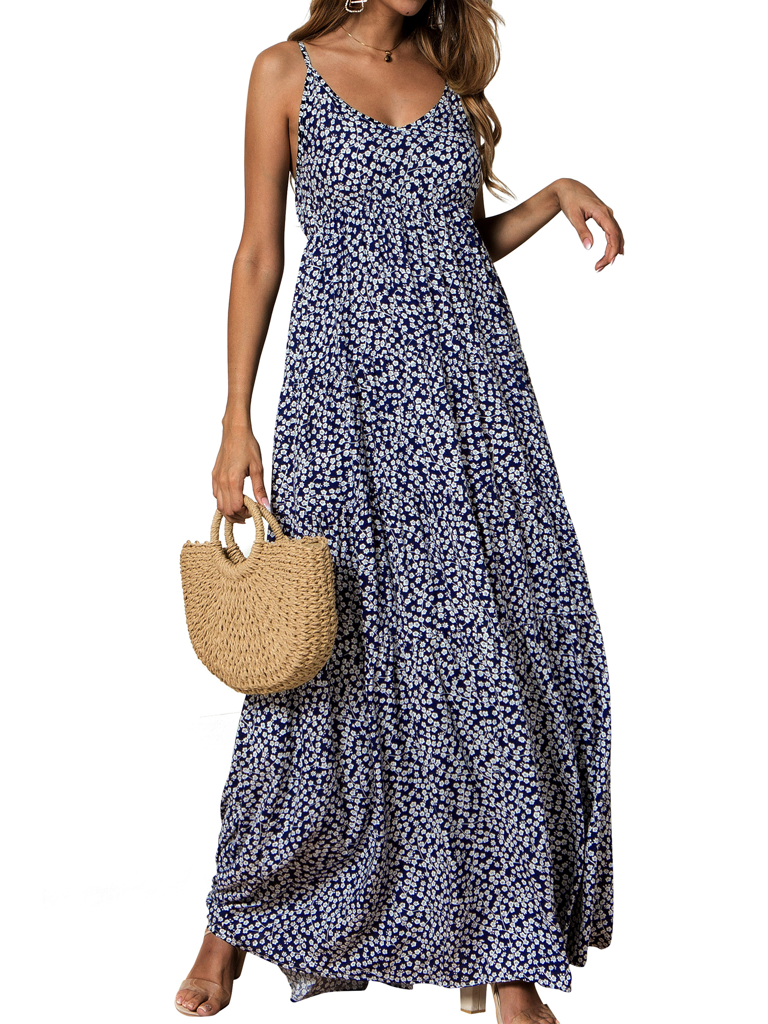 Womens Sleeveless Pocket Maxi Dress Summer Hawaiian Beach Tank Dress Casual Floral Printing Long Maxi Loose Dress 