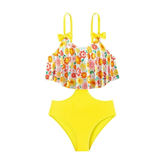 QWIED Girls Swimsuit Kids Bow Suspenders Floral Ruffle Top Swimwear Hollow Out One Piece Bikini Set Bathing Suit Swim Suit Size 9-10