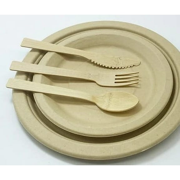 Eagles Compostable Cutlery Set (50 sets) - 200 Pieces Bamboo Compostable Utensils [50 Forks, 50 Knives, 50 Spoons 50 Napkins] - Disposable bamboo Cutlery, Disposable Cutlery Set