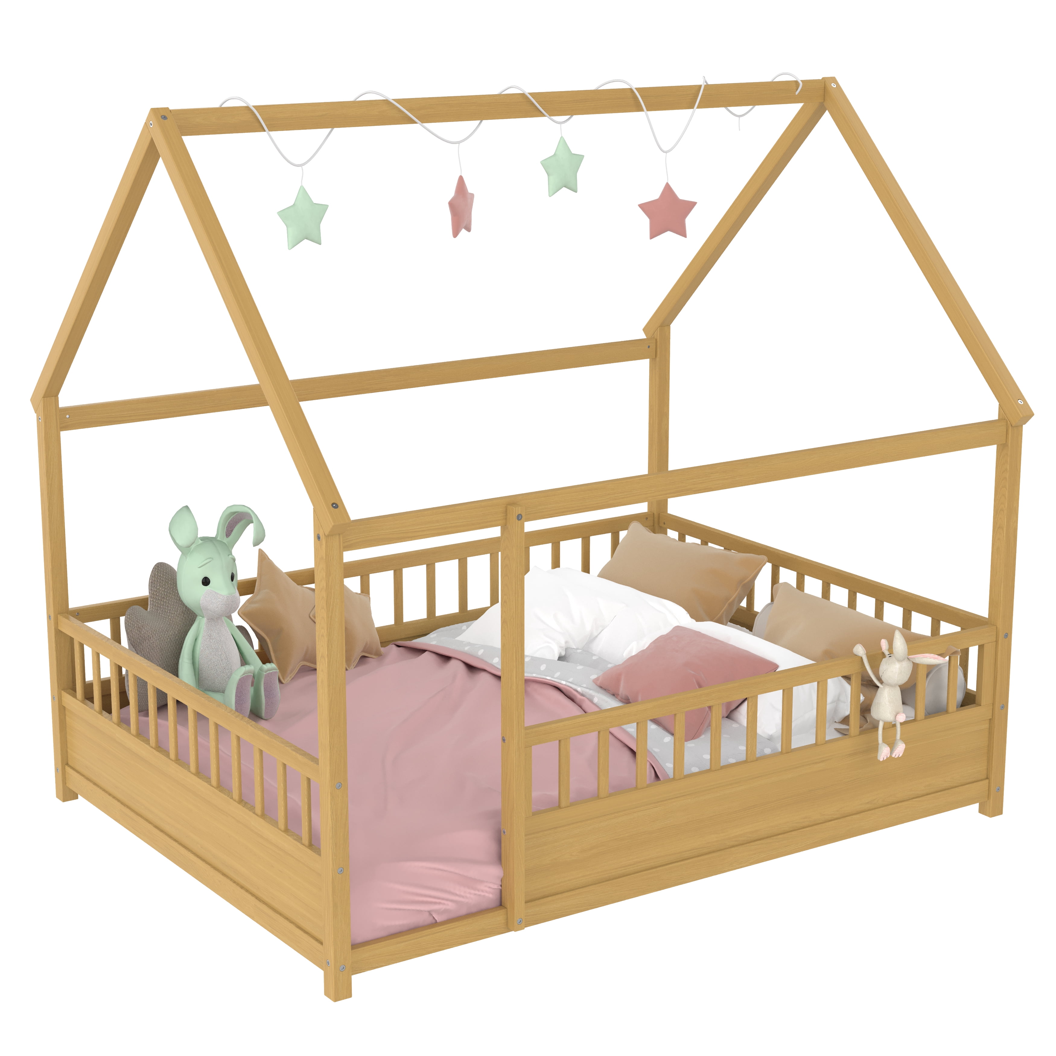 Floor Wooden Bed with House Roof Frame, Full Size Fence Guardrail Bed for Kids, Natural Pine Wood Children's Bedroom Furniture, 20-Inch High Fence with Roof Structure