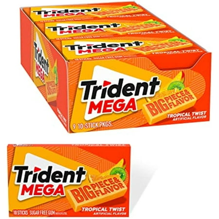 Trident Mega Tropical Twist Sugar Free Gum, 9 Packs Of 10 Pieces (90 Total Pieces)