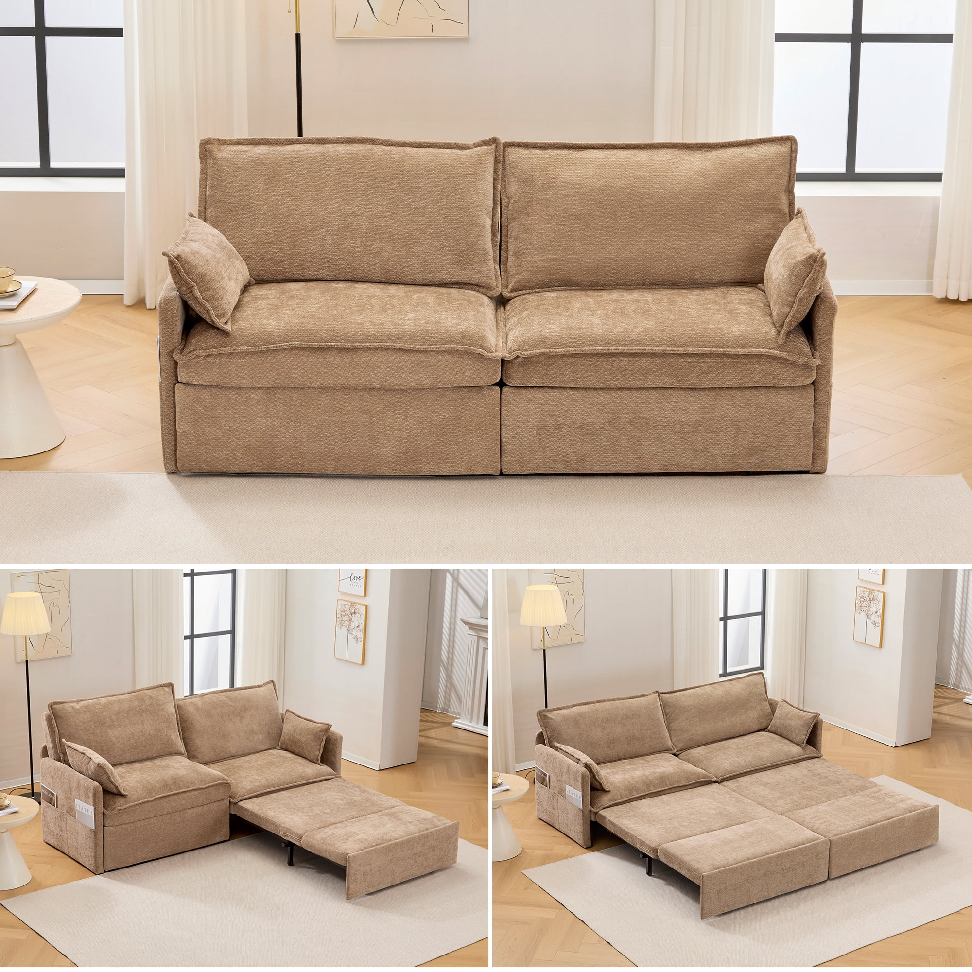 73.6'' Pull Out Sofa Bed, 3 in 1 Convertible Sleeper Loveseat Sofa, Pull Out Couch with USB Charging, Side Pockets for Living Room, Apartment, Small Spaces (Chenille, Khaki)