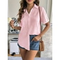 thumbnail image 5 of Women'S Cotton Button Shirt Rolled Hem Short Sleeve Shirt Women'S Summer Casual V Neck Beach Cotton Top Pink M, 5 of 6