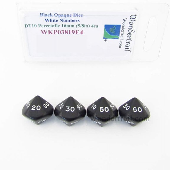 Black Opaque Dice with White Numbers DT10 16mm (5/8in) Pack of 4 Wondertrail