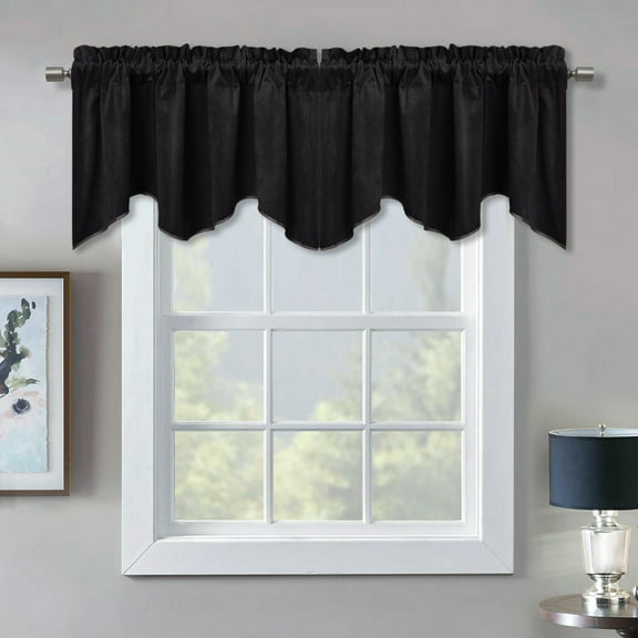 Blackout Scalloped Valance for Window - Luxury Velvet Curtain Tiers Thermal Insulated Privacy Drapes, Extra Wide and Short Window Treatment for Backdrop / Office, Black, 52 x 18-inch, 1 Pc