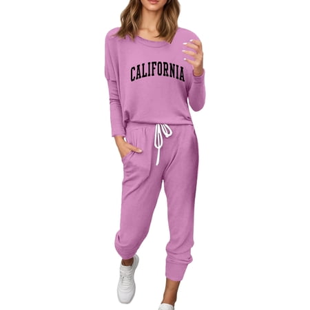 MDUKONU Women s Casual Tracksuit Print Top & Jogger Pants for Streetwear Purple XXL