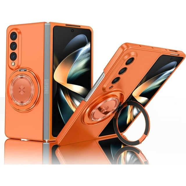 KOMI Rugged Phone Case for Samsung Z Fold 4 Case with Ring Magnetic Fits Wireless Charger, 2 in 1 Soft TPU and Hard PC Cover Samsung Galaxy Z Fold 6 Case Shockproof Blue (Orange)