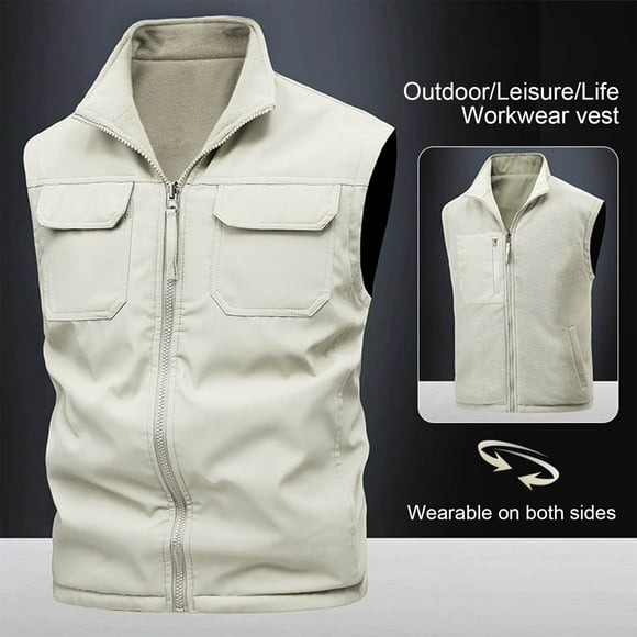 Pisexur Vestes pour Hommes, Haut Sans Manches de Travail Double Face pour Extérieur, Haut de Pêche pour Photographe, Veste Décontractée/veste Sans Manches à Capuche à Revers pour Hommes de Couleur Unie, Blanc, 5TG