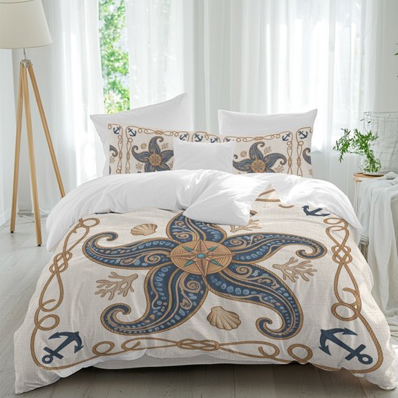Starfish Anchor Shells Bedding Duvet Cover Set Twin Size 4 Pieces, Coastal Vintage Navy Blue Brown Marine Motif Bedding Set with Zipper, 1 Comforter Cover 68x90in 1 Flat Sheet & 2 Pillow Cases