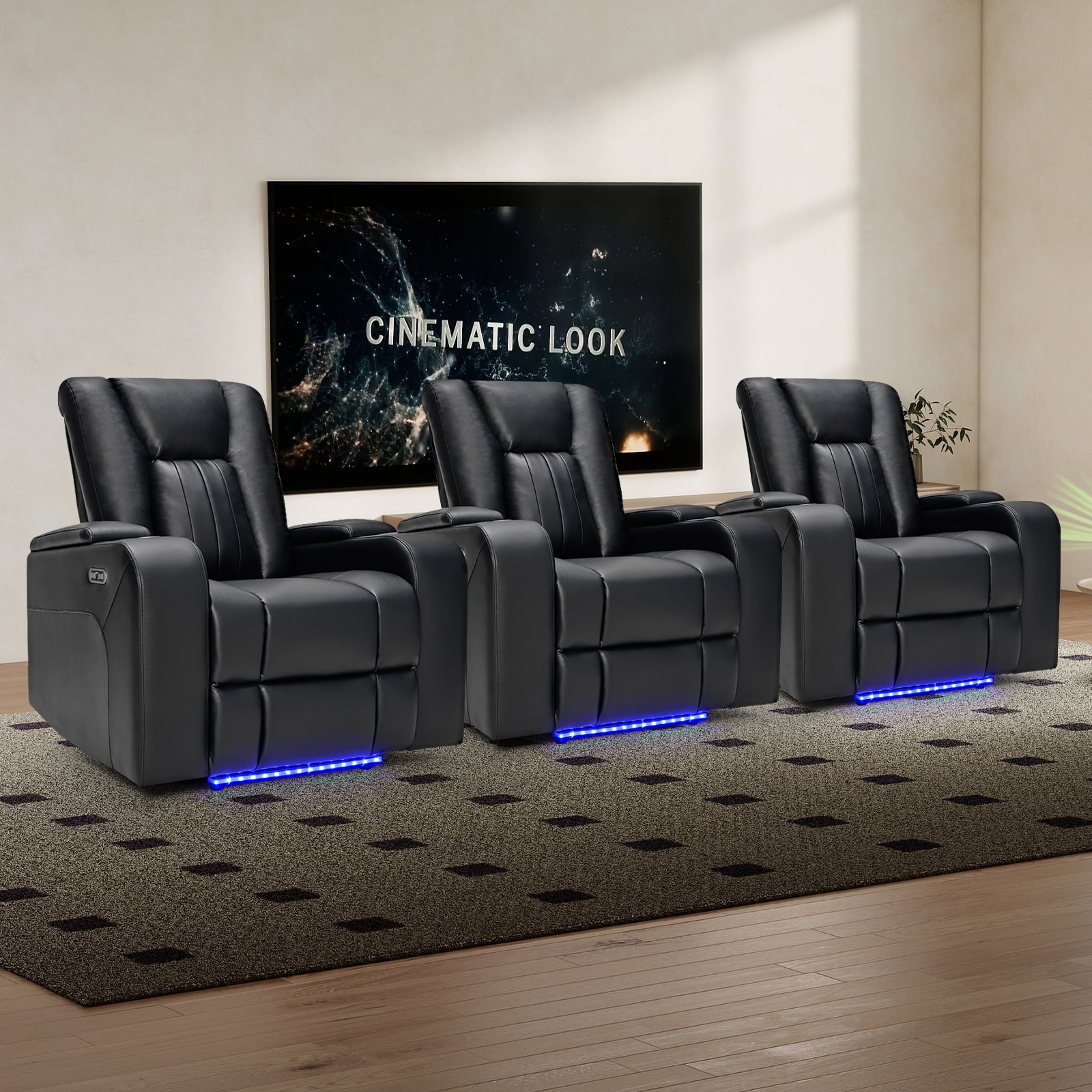 Bonzy Home Electric Power Recliner Chair, Breathable Leather, LED Light, USB Ports, Cup Holders, Hidden Storage, Home Theater Seating
