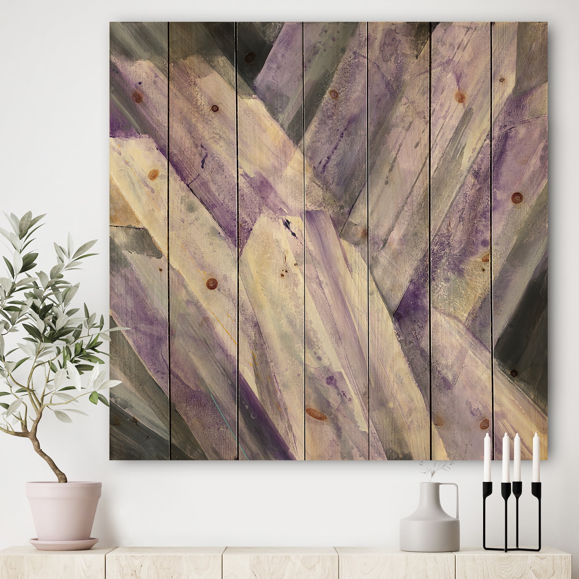 Designart 'Purple Glacier Geometric' Modern Farmhouse Print on Natural Pine Wood