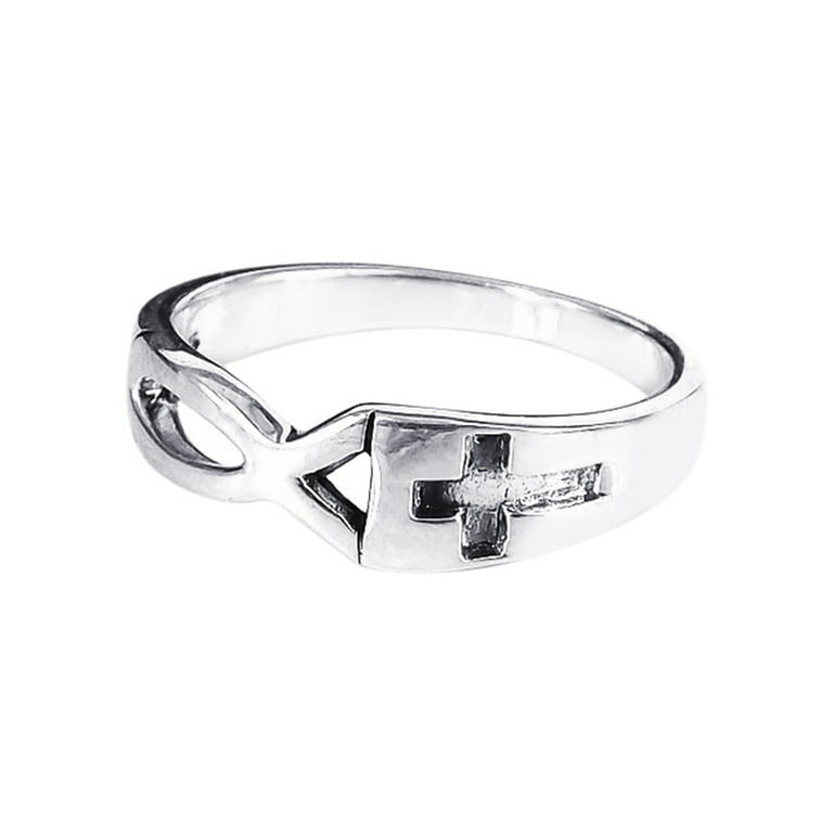 Aeravida Christian Faith Fish & Cross Prayer .925 Sterling Silver Promise  Ring | Delicate Ring for Women and Men | Fish & Cross Comfort Fit Silver