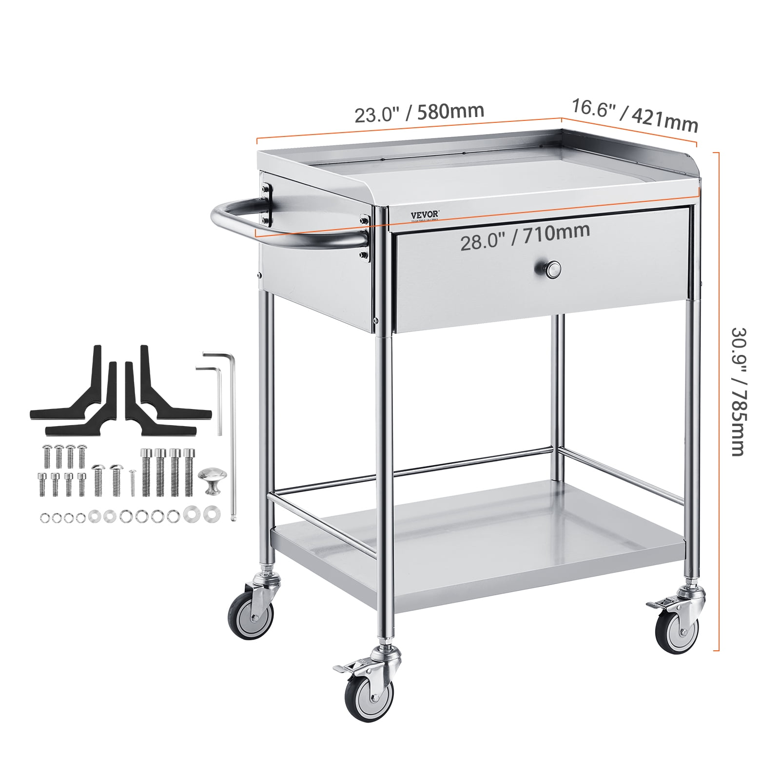 VEVOR Medical Cart, 2-Layer Stainless Steel Cart 220 lbs Weight Capacity, Lab Utility Cart with 360° Silent Wheels and a Drawer for Lab, Clinic, Kitchen, Salon