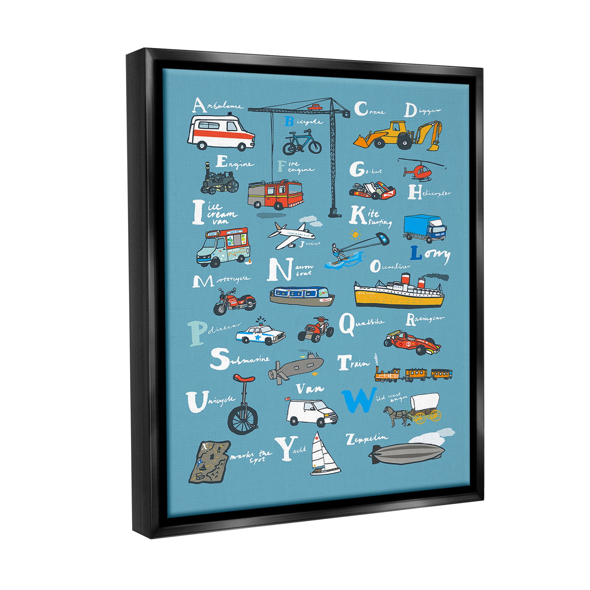 Stupell Industries Various Vehicles Alphabet Transportation Painting Black Floater Framed Canvas Art Print Wall Art, 17 x 21