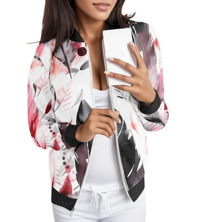 Fiaer Women Jackets Floral Printed Trendy Sweatshirts Warm Crew Neck Long Sleeve Plus Size Trendy Pocket Tops White M