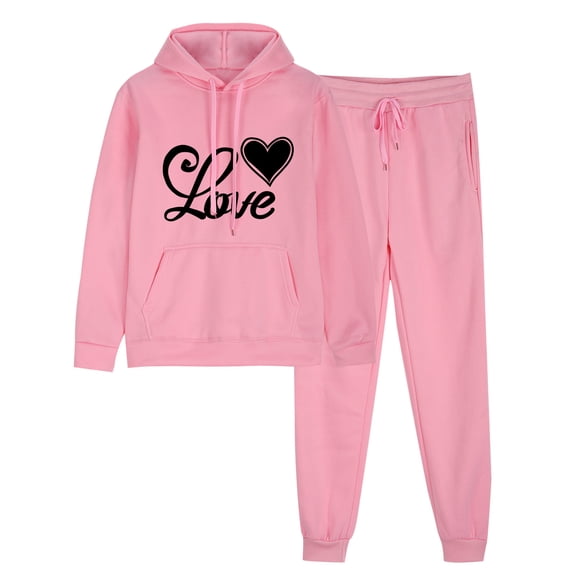 successthop 2 Pieces Lounge Set Women Fleece Long Sleeve Hoodie and Jogger Sweatpant Heart Fall Streetwear with Pockets
