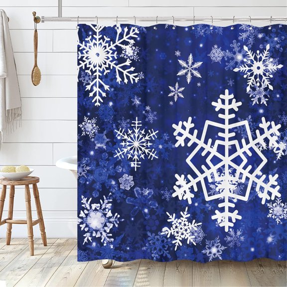 Merry Christmas Snowflake Shower Curtain Set, Happy Holiday Winter Black White Bathroom Decorative Winter Waterproof Fabric 72x72 Inch with 12 Hooks