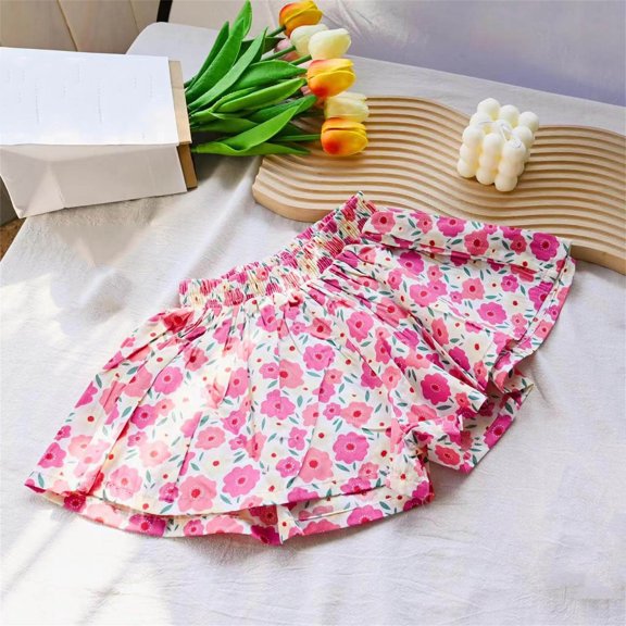 NAISIBABY Girls Floral Prints Shorts, A-Frame Pleated Elastic Waist Summer Causal Cute Shorts Pink 4-5T