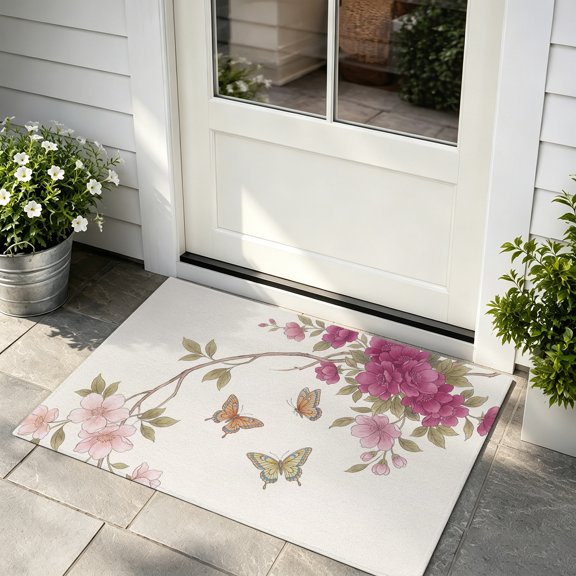 Door Mat 16x24in Retro Spring Floral Absorbent Non-Slip Washable Doormat Country Flowers Branch Butterfly Beige Dirt Trapping Low Profile Entryway Rug, Indoor Outdoor Welcome Mat for Home Entrance