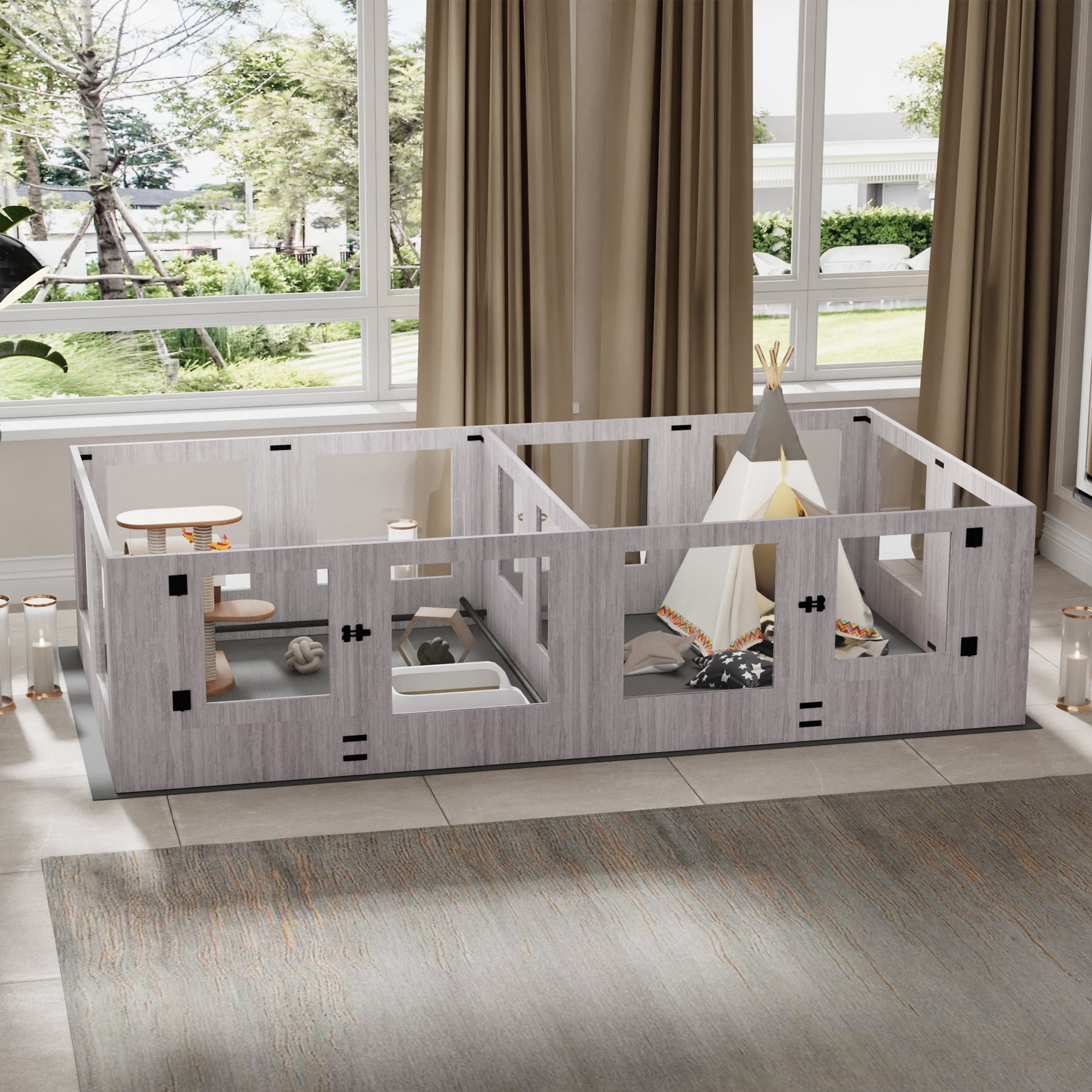 BingoPaw Extra Large Dog Wooden Whelping Box Playpen Giving Birth Kennel with Waterproof Fertility Pad, Clear Two Fence Rooms