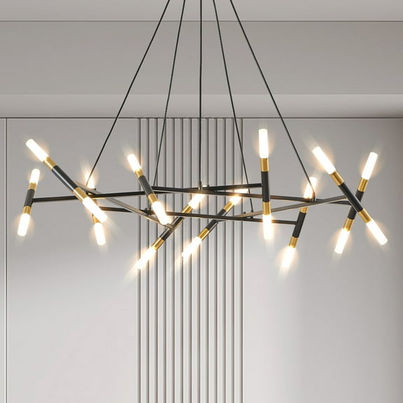 Black & Gold Modern Branch Chandelier with Frosted Glass Tubes, Adjustable Height Pendant Light Fixture for Dining Room, Living Room, Kitchen Island - Black Cord Design (Bulb Not Included)