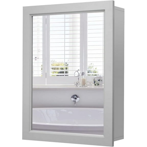 GOFLAME Bathroom Medicine Cabinet, Wall Mount Mirrored Storage Cabinets w/Single Door & Adjustable Shelf, Multipurpose Wooden Organizer for Hallway Living Room Bedroom, Grey
