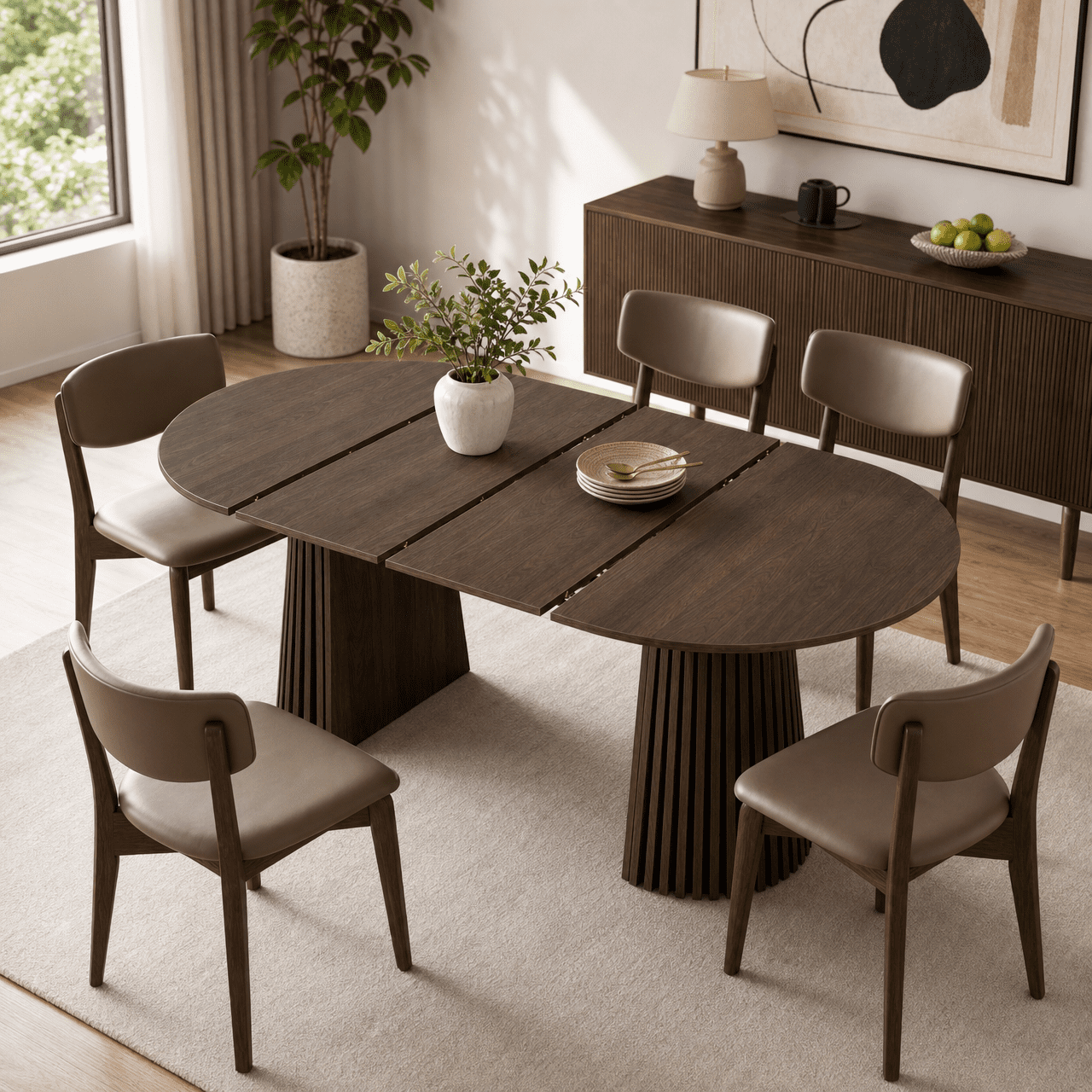 Dining Table 70.87 Inch, Extendable Kitchen Table with Oval Top and Slatted Wood Legs, Space-Saving MDF Table for Living Room and Dining Room, Walnut
