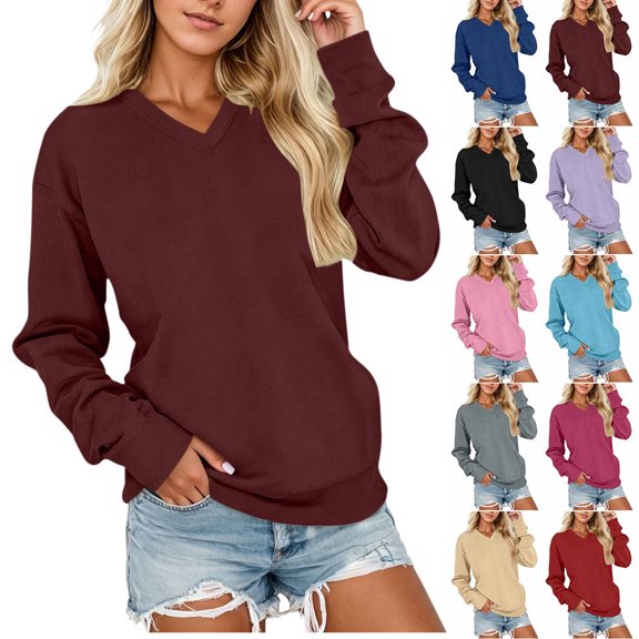 Women's V Neck Oversized Sweatshirt Solid Color Long Sleeve Casual Pullover Tops Fashion Loose Fit Basic Loungewear Blouse Shirts