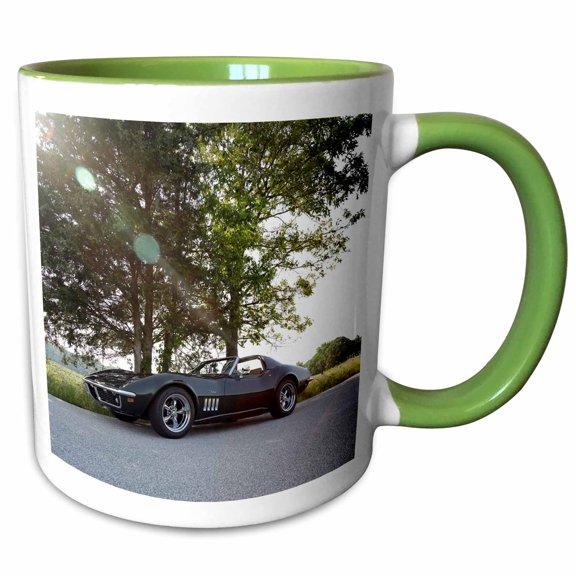 3drose, Photograph of a Classic Corvette Parked on the Side of a Country Road., 15oz Two-tone Green Mug