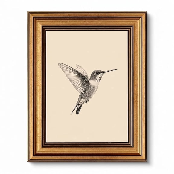 Vintage Gold Framed Hummingbird Canvas Wall Art, Retro Bird Sketch Print, Glare-Free Wall Decor for Bedroom Foyer Bookshelf, 10 x 8 Inch