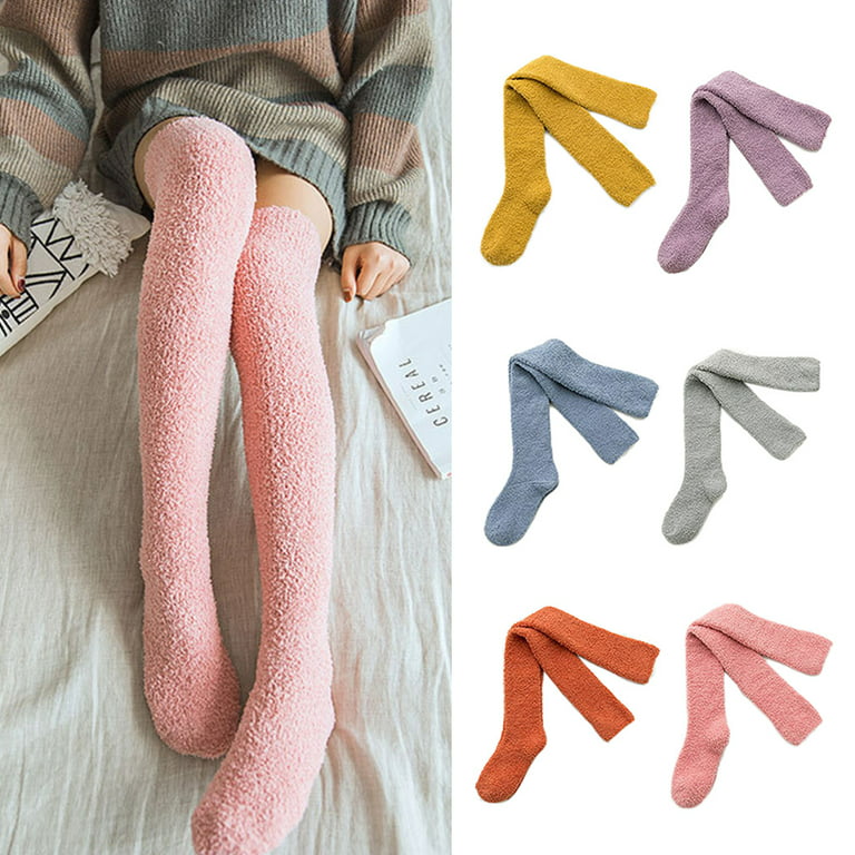 Women Winter Thigh High Fuzzy Slipper Socks Solid Candy Color Over